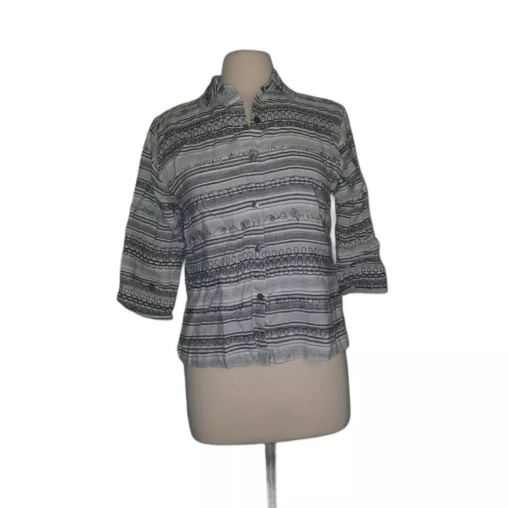 Chicos 100% Linen Button Front Short Sleeve Shirt Top Blouse Striped Sus…